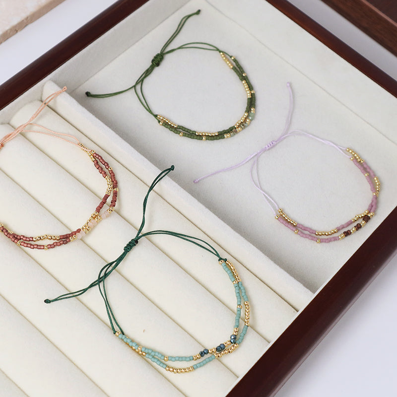 Wholesale Double Layer Gold Plated Glass Crystal Beaded Women Fashion Braided Jewelry Gift Custom Woven Handmade Adjustable Macrame Cord Miyuki Bracelet