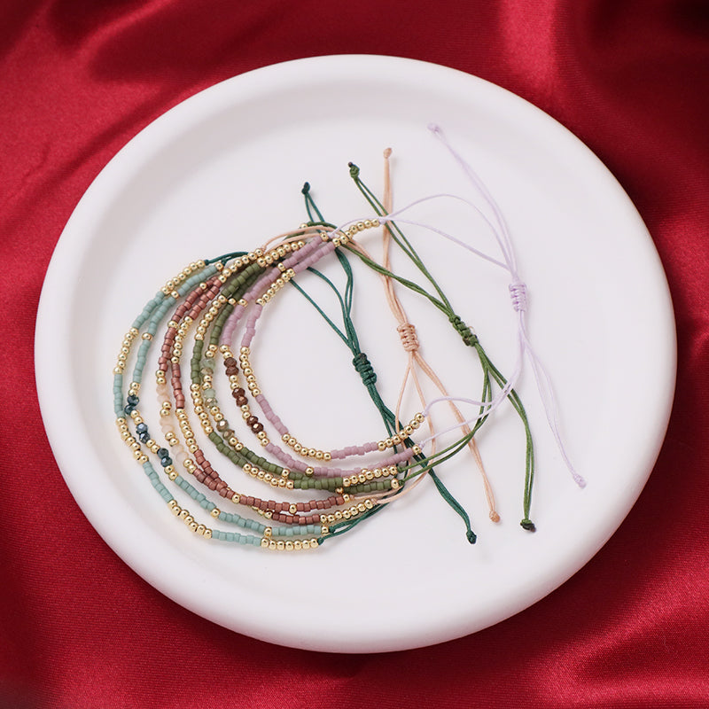Wholesale Double Layer Gold Plated Glass Crystal Beaded Women Fashion Braided Jewelry Gift Custom Woven Handmade Adjustable Macrame Cord Miyuki Bracelet
