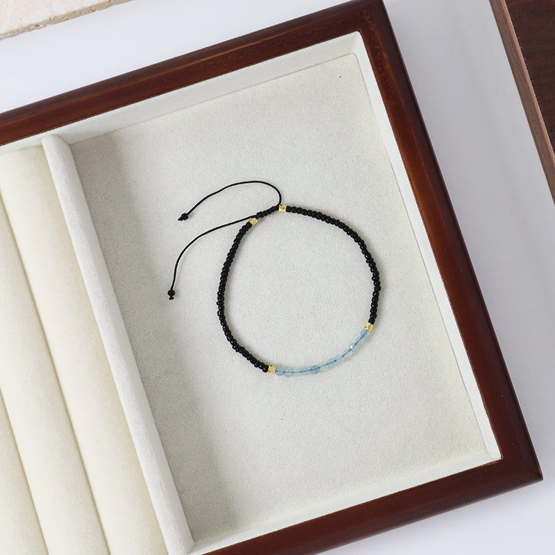 Newest Custom Gold Plated Charm Women Handmade Ajustable Blue Glass Crystal Black Seed Beads Woven Macrame Bracelet