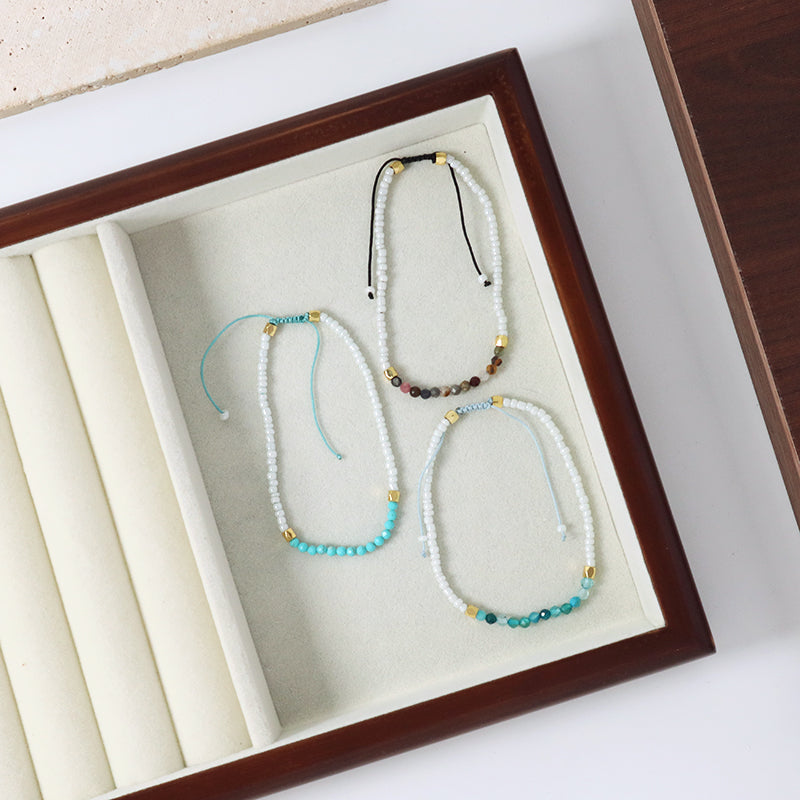 Handmade New Factory Custom Women Ajustable Gold Plated Charm Woven Macrame Blue Glass Crystal White Seed Beads Bracelet