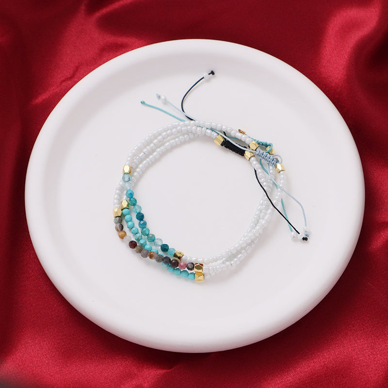 Handmade New Factory Custom Women Ajustable Gold Plated Charm Woven Macrame Blue Glass Crystal White Seed Beads Bracelet