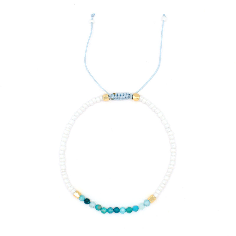Handmade New Factory Custom Women Ajustable Gold Plated Charm Woven Macrame Blue Glass Crystal White Seed Beads Bracelet