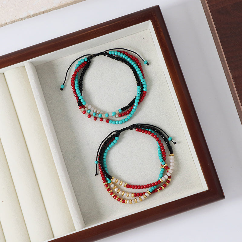 Custom Handmade Wholesale OEM Women Ajustable Braided Macrame Three Layer Colorful Glass Crystal Gold Plated Seed Beads Bracelet