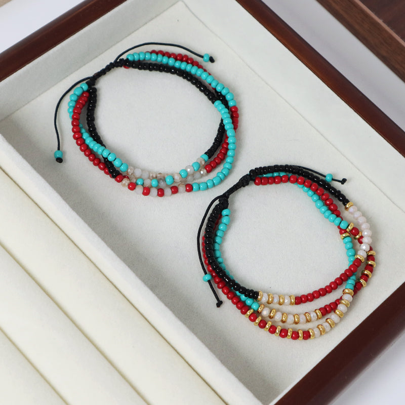 Custom Handmade Wholesale OEM Women Ajustable Braided Macrame Three Layer Colorful Glass Crystal Gold Plated Seed Beads Bracelet