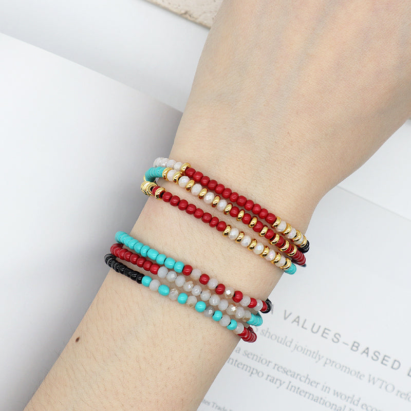 Custom Handmade Wholesale OEM Women Ajustable Braided Macrame Three Layer Colorful Glass Crystal Gold Plated Seed Beads Bracelet