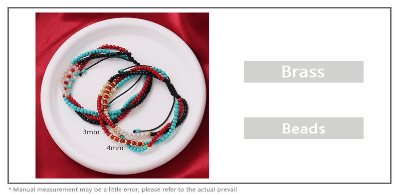 Custom Handmade Wholesale OEM Women Ajustable Braided Macrame Three Layer Colorful Glass Crystal Gold Plated Seed Beads Bracelet