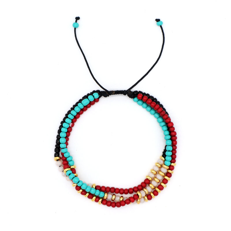 Custom Handmade Wholesale OEM Women Ajustable Braided Macrame Three Layer Colorful Glass Crystal Gold Plated Seed Beads Bracelet
