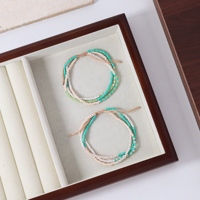 Three Layer Blue Green Pink Colorful Custom Handmade Wholesale Women Ajustable Braided Macrame Glass Crystal Seed Beads Bracelet