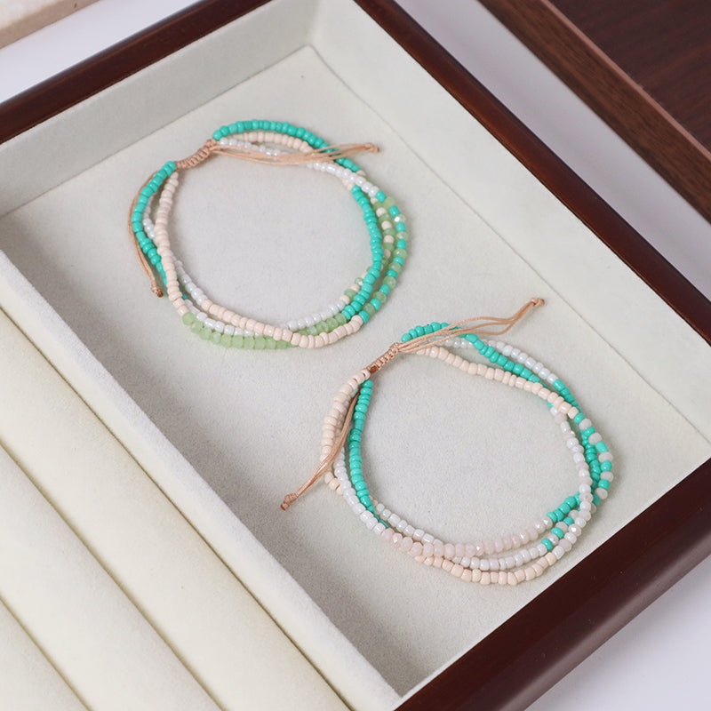 Three Layer Blue Green Pink Colorful Custom Handmade Wholesale Women Ajustable Braided Macrame Glass Crystal Seed Beads Bracelet