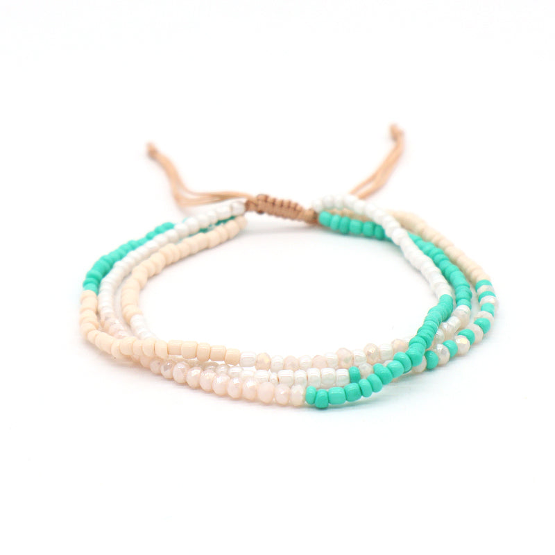 Three Layer Blue Green Pink Colorful Custom Handmade Wholesale Women Ajustable Braided Macrame Glass Crystal Seed Beads Bracelet