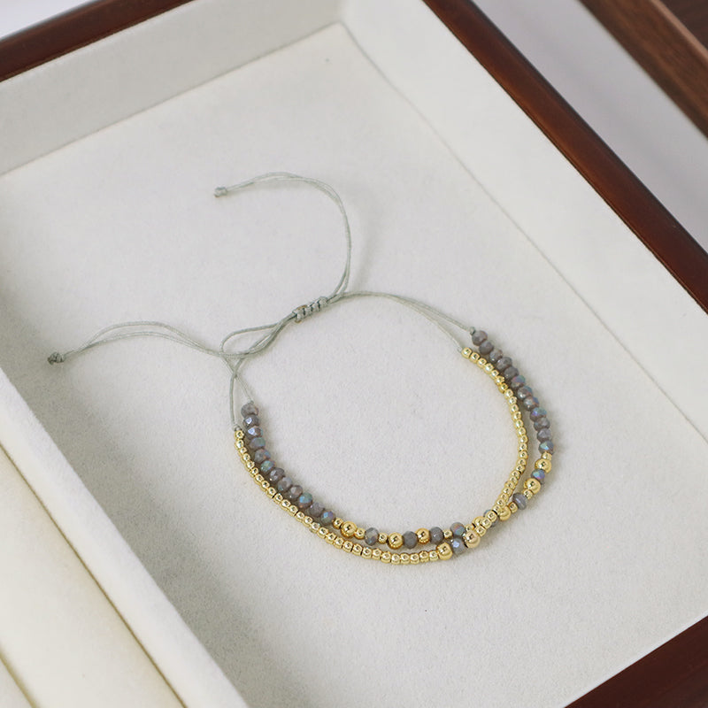 Women Custom Double Layer Wholesale Fashion Braided Jewelry Gift Woven Adjustable Handmade Macrame Cord Gold Plated Grey Glass Crystal Beaded Bracelet