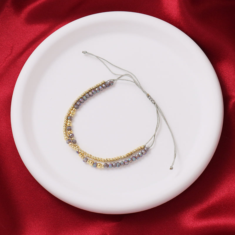 Women Custom Double Layer Wholesale Fashion Braided Jewelry Gift Woven Adjustable Handmade Macrame Cord Gold Plated Grey Glass Crystal Beaded Bracelet