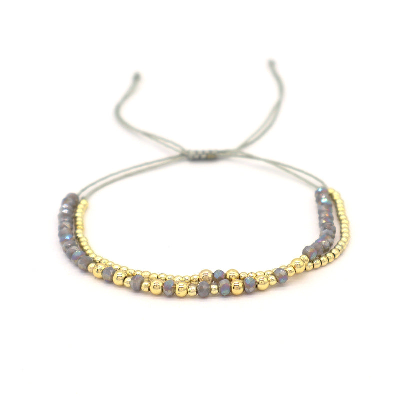 Women Custom Double Layer Wholesale Fashion Braided Jewelry Gift Woven Adjustable Handmade Macrame Cord Gold Plated Grey Glass Crystal Beaded Bracelet