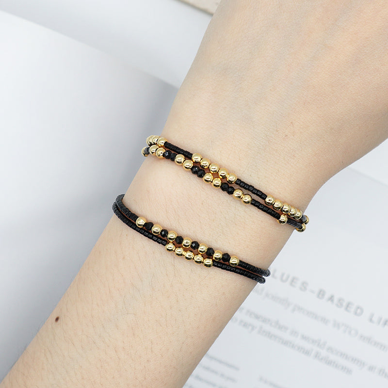 Custom Wholesale Gold Plated Black Glass Crystal Beaded Fashion Braided Jewelry Gift Double Layer Women Woven Adjustable Handmade Macrame Cord Miyuki Bracelet