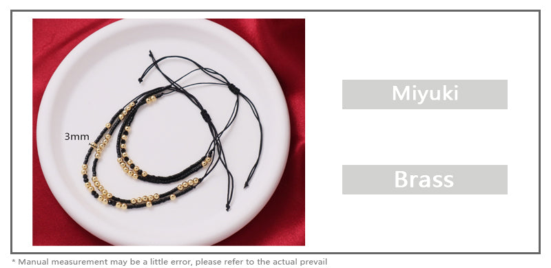 Custom Wholesale Gold Plated Black Glass Crystal Beaded Fashion Braided Jewelry Gift Double Layer Women Woven Adjustable Handmade Macrame Cord Miyuki Bracelet