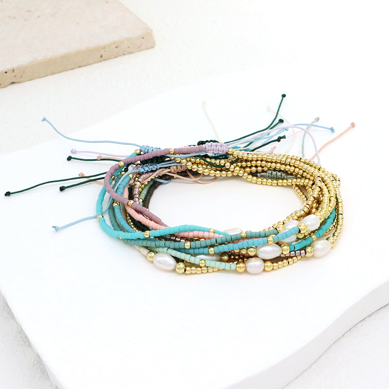 Wholesale Fashion Jewelry Handmade Custom Gold Plated Beads Adjustable Fresh Water Pearl Braided Woven Macrame Miyuki Bracelet