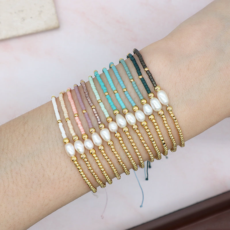 Wholesale Fashion Jewelry Handmade Custom Gold Plated Beads Adjustable Fresh Water Pearl Braided Woven Macrame Miyuki Bracelet