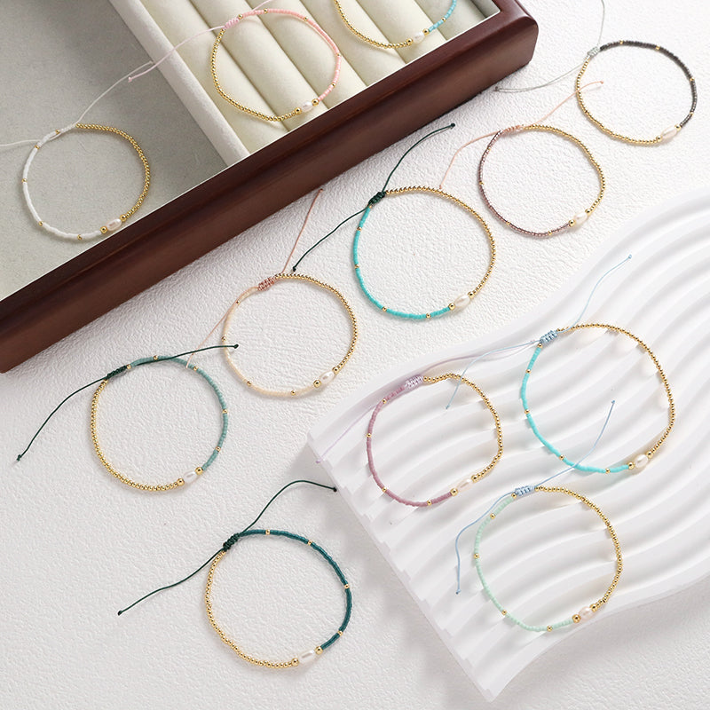 Wholesale Fashion Jewelry Handmade Custom Gold Plated Beads Adjustable Fresh Water Pearl Braided Woven Macrame Miyuki Bracelet