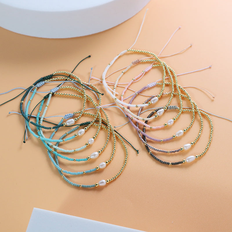 Wholesale Fashion Jewelry Handmade Custom Gold Plated Beads Adjustable Fresh Water Pearl Braided Woven Macrame Miyuki Bracelet