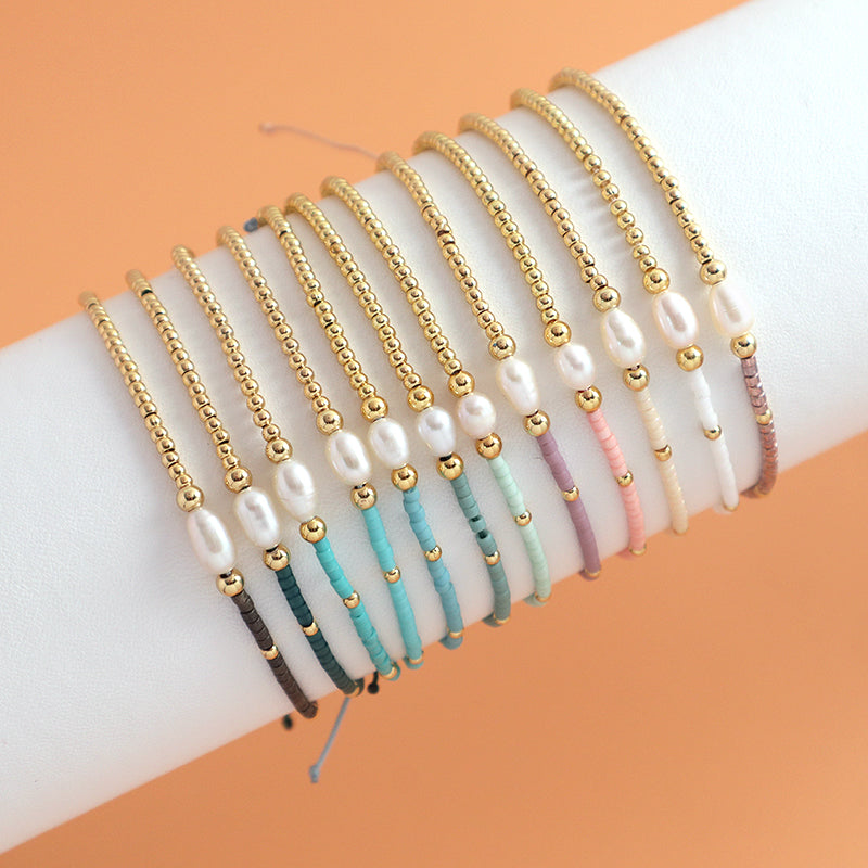 Wholesale Fashion Jewelry Handmade Custom Gold Plated Beads Adjustable Fresh Water Pearl Braided Woven Macrame Miyuki Bracelet