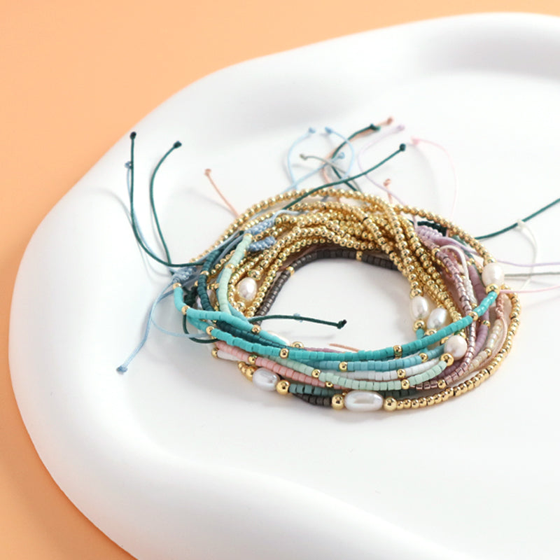 Wholesale Fashion Jewelry Handmade Custom Gold Plated Beads Adjustable Fresh Water Pearl Braided Woven Macrame Miyuki Bracelet