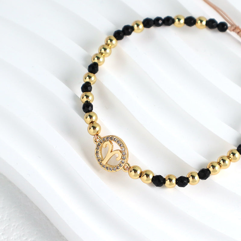 New Arrival Custom Women Handmade Ajustable Gold Plated CZ Constellations Charm Woven Macrame Black Natural Stone Beads Bracelet