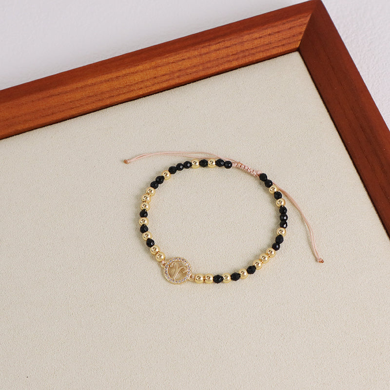 New Arrival Custom Women Handmade Ajustable Gold Plated CZ Constellations Charm Woven Macrame Black Natural Stone Beads Bracelet
