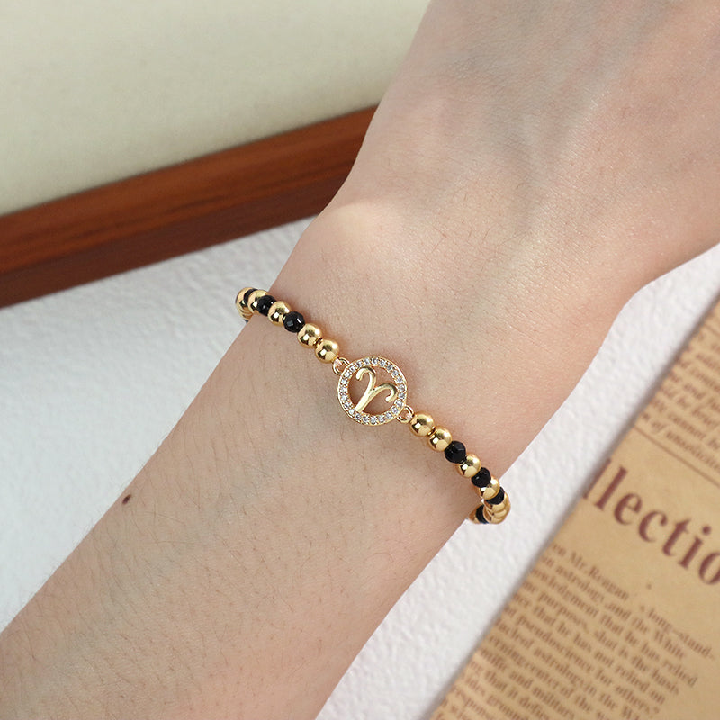 New Arrival Custom Women Handmade Ajustable Gold Plated CZ Constellations Charm Woven Macrame Black Natural Stone Beads Bracelet