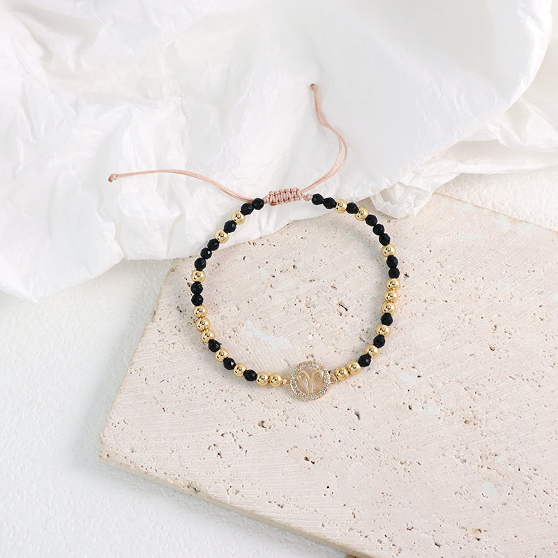 New Arrival Custom Women Handmade Ajustable Gold Plated CZ Constellations Charm Woven Macrame Black Natural Stone Beads Bracelet