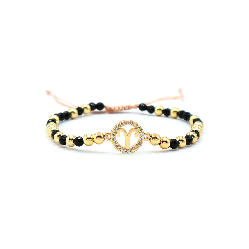 New Arrival Custom Women Handmade Ajustable Gold Plated CZ Constellations Charm Woven Macrame Black Natural Stone Beads Bracelet