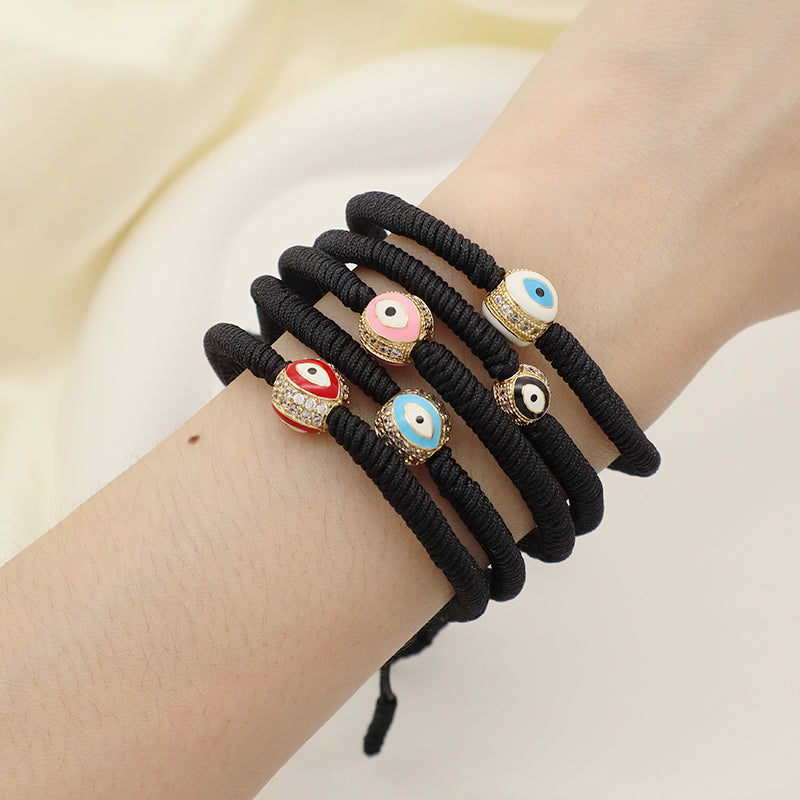 OEM Custom Handmade Wholesale Eye Charm Jewelry Black Rope Woven Braided Macrame Ajustable Gold Plated Enamel Evil Eyes Bracelet