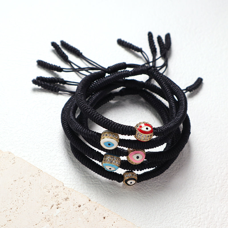 OEM Custom Handmade Wholesale Eye Charm Jewelry Black Rope Woven Braided Macrame Ajustable Gold Plated Enamel Evil Eyes Bracelet