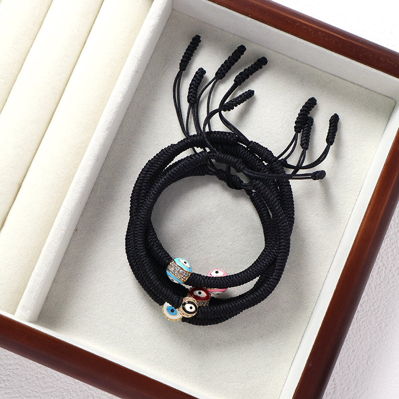 OEM Custom Handmade Wholesale Eye Charm Jewelry Black Rope Woven Braided Macrame Ajustable Gold Plated Enamel Evil Eyes Bracelet