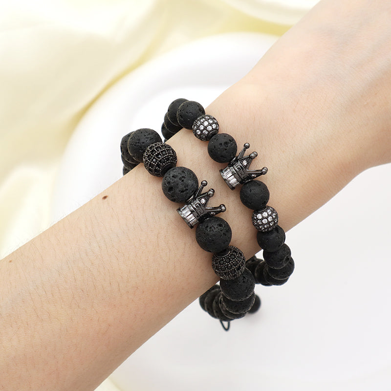 Wholesale Custom Yoga Ajustable Handmade Stainless Steel Closure CZ Crown Charm Macrame Knots 8mm10mm Natural Stone Bracelet