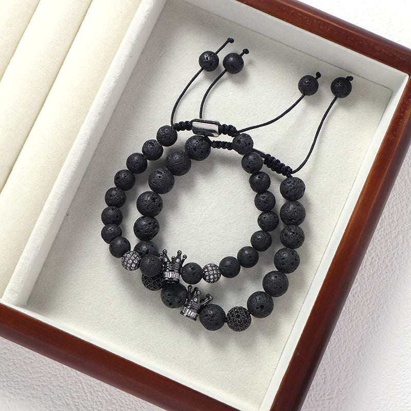 Wholesale Custom Yoga Ajustable Handmade Stainless Steel Closure CZ Crown Charm Macrame Knots 8mm10mm Natural Stone Bracelet
