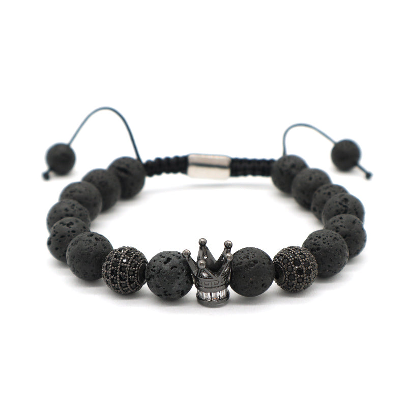 Wholesale Custom Yoga Ajustable Handmade Stainless Steel Closure CZ Crown Charm Macrame Knots 8mm10mm Natural Stone Bracelet