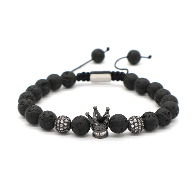 Wholesale Custom Yoga Ajustable Handmade Stainless Steel Closure CZ Crown Charm Macrame Knots 8mm10mm Natural Stone Bracelet