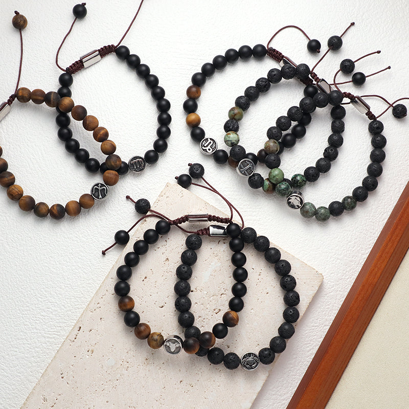 Custom Wholesale Women Men Yoga Ajustable Handmade 12 Constellations Stainless Steel Charm Macrame Knots Natural Stone Bracelet