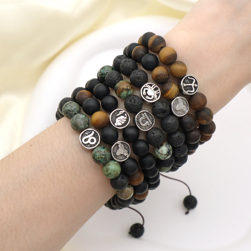 Custom Wholesale Women Men Yoga Ajustable Handmade 12 Constellations Stainless Steel Charm Macrame Knots Natural Stone Bracelet