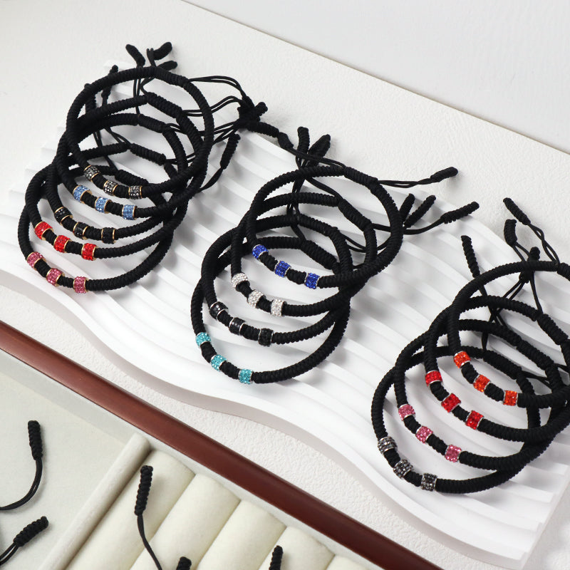 Friendship New Wholesale OEM Custom Jewelry CZ Stainless steel Connector Charm Ajustable Rope Handmade Woven Macrame Bracelet