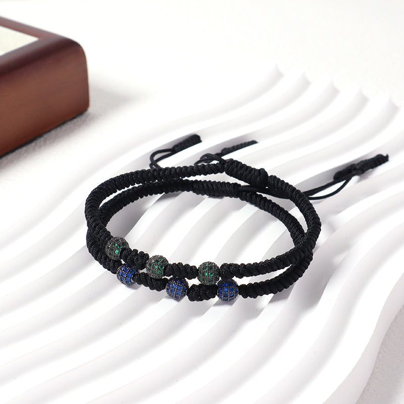 OEM Custom Friendship New Wholesale Jewelry CZ Green Blue Beads Charm Ajustable Rope Handmade Woven Braided Macrame Bracelet
