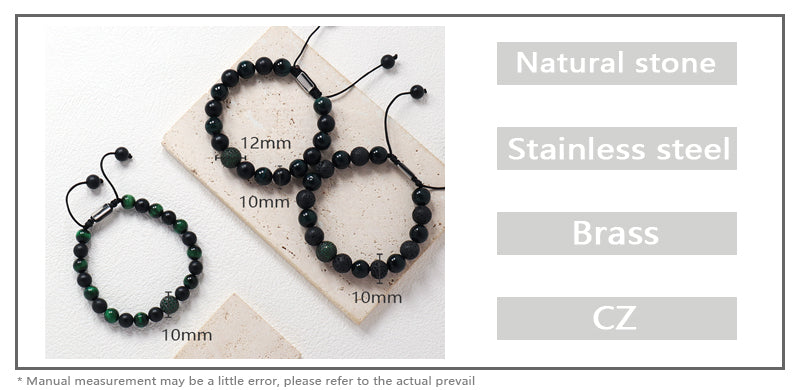 Handmade Custom 8mm 10mm Gemstone Healing Stainless Steel CZ Charm Adjustable Natural Stone Woven Macrame Bracelet For Men Women