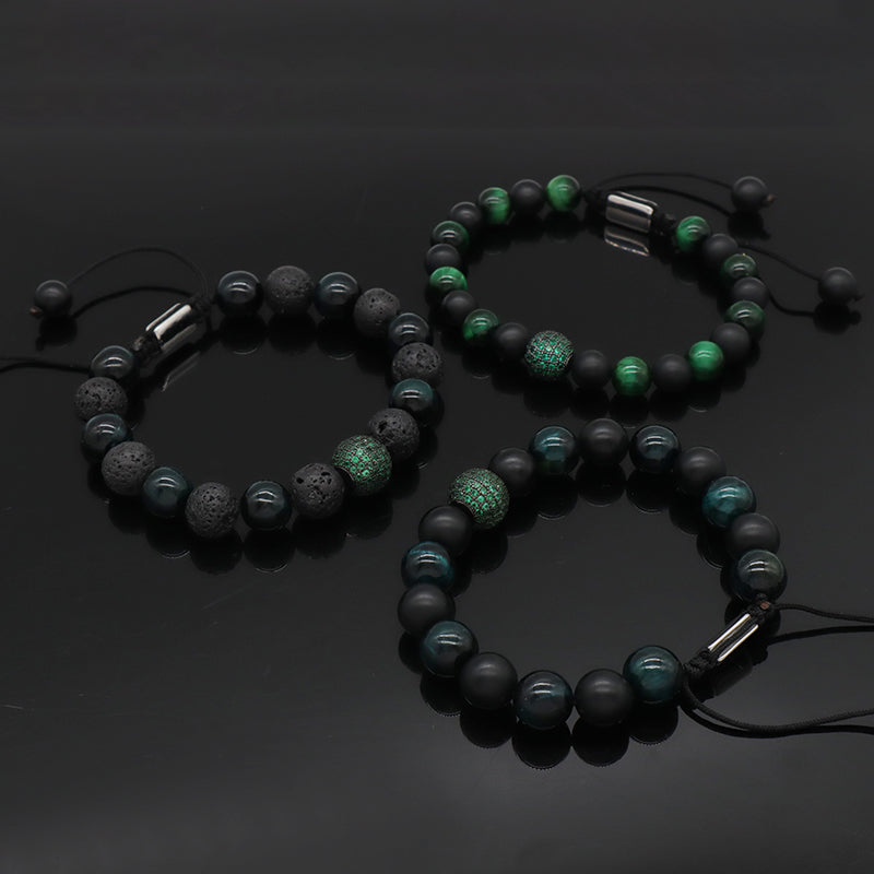 Handmade Custom 8mm 10mm Gemstone Healing Stainless Steel CZ Charm Adjustable Natural Stone Woven Macrame Bracelet For Men Women