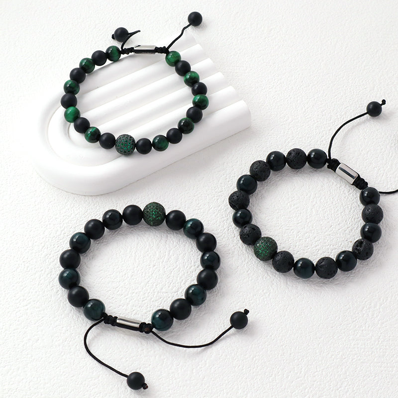 Handmade Custom 8mm 10mm Gemstone Healing Stainless Steel CZ Charm Adjustable Natural Stone Woven Macrame Bracelet For Men Women
