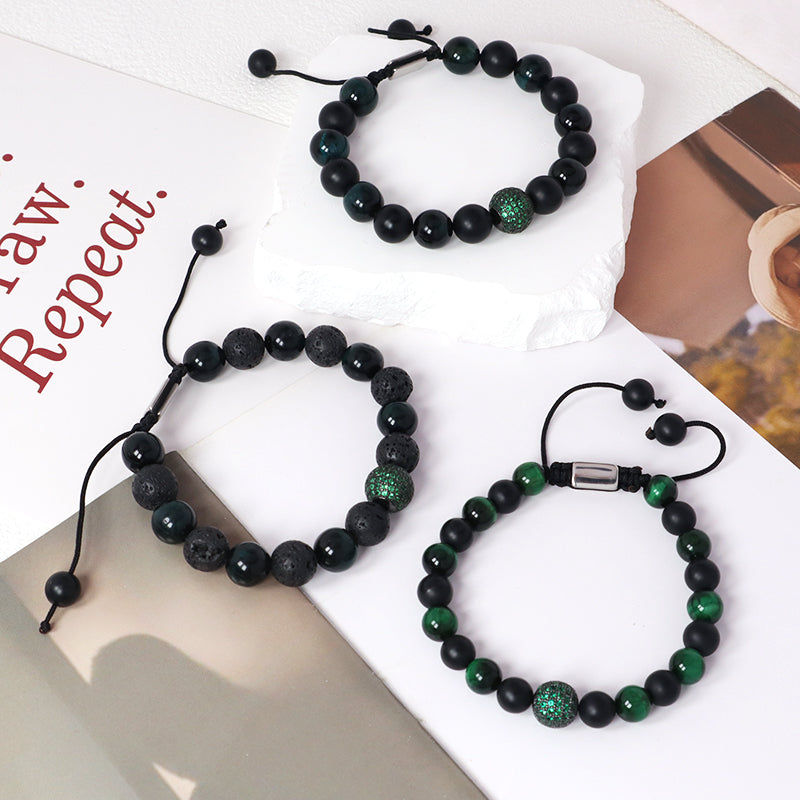 Handmade Custom 8mm 10mm Gemstone Healing Stainless Steel CZ Charm Adjustable Natural Stone Woven Macrame Bracelet For Men Women