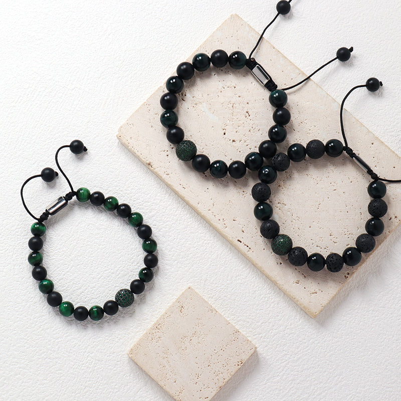 Handmade Custom 8mm 10mm Gemstone Healing Stainless Steel CZ Charm Adjustable Natural Stone Woven Macrame Bracelet For Men Women