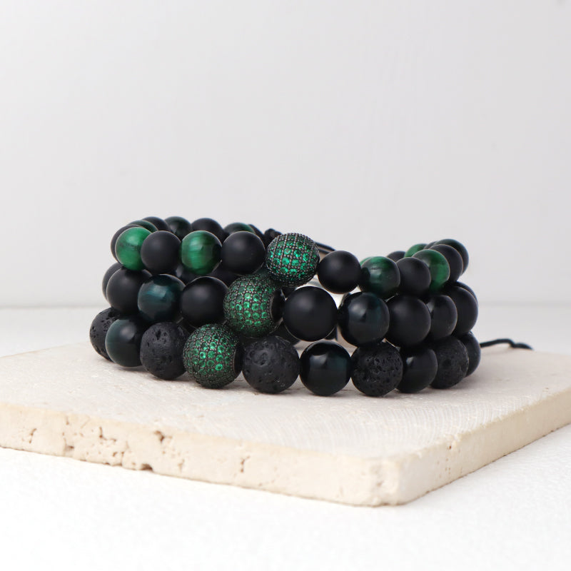 Handmade Custom 8mm 10mm Gemstone Healing Stainless Steel CZ Charm Adjustable Natural Stone Woven Macrame Bracelet For Men Women