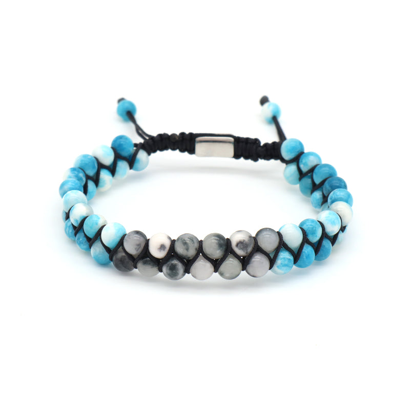 New Bulk Sale Double Layer Custom OEM Mens Women Stainless Steel Logo Handmade 6mm Natural Stone Beads Macrame Woven Bracelet