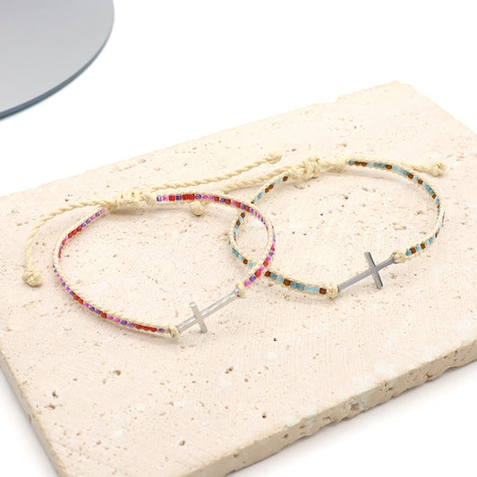 OEM Fashion Design Custom Handmade Wholesale Women Jewelry Adjustable Braided Woven Macrame Cross Charm Miyuki Beads Bracelet