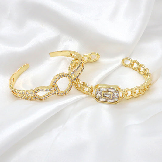 Wholesale Fashion Design Newest Customized Women China Factory Gold Plated Micro Pave CZ Brass Cuff Bangle Bracelet